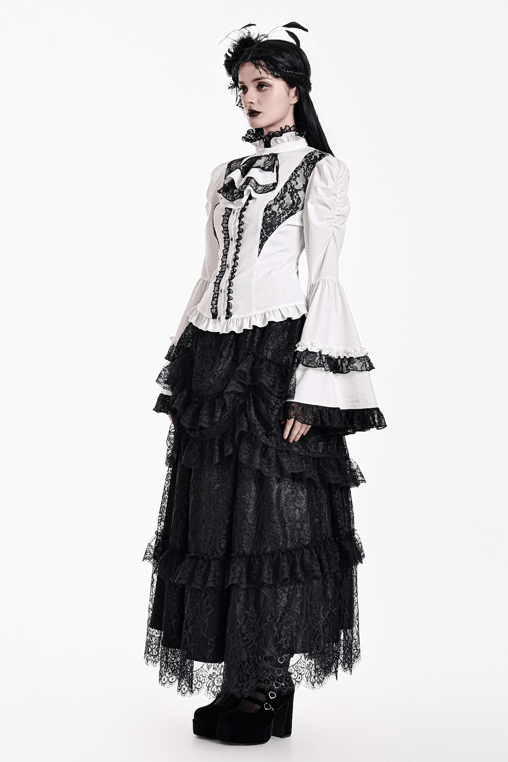 Women's Gothic Tiered Lace Maxi Skirt with Ruffles