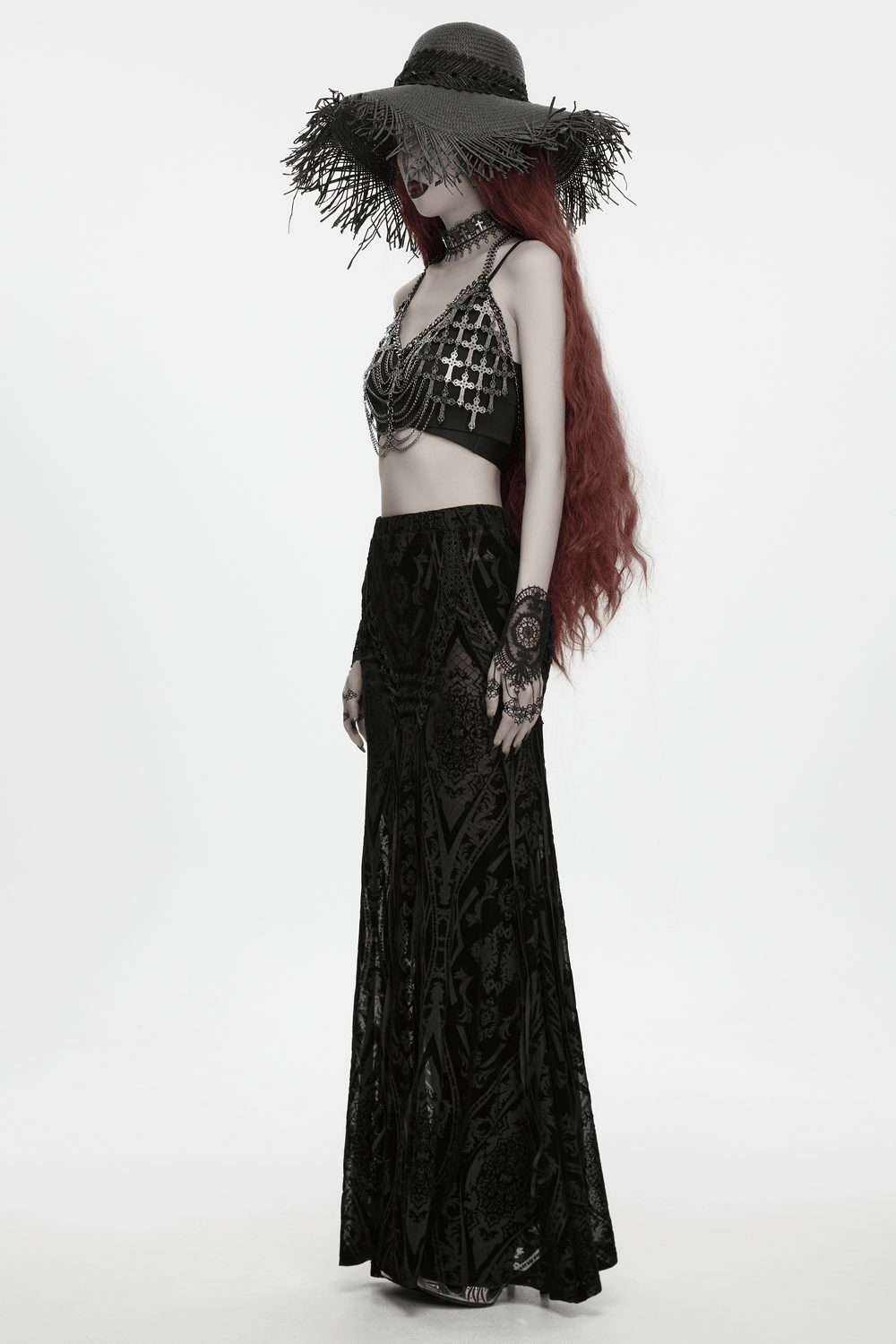 Women's Gothic Wide Brim Straw Hat with Frayed Fringe