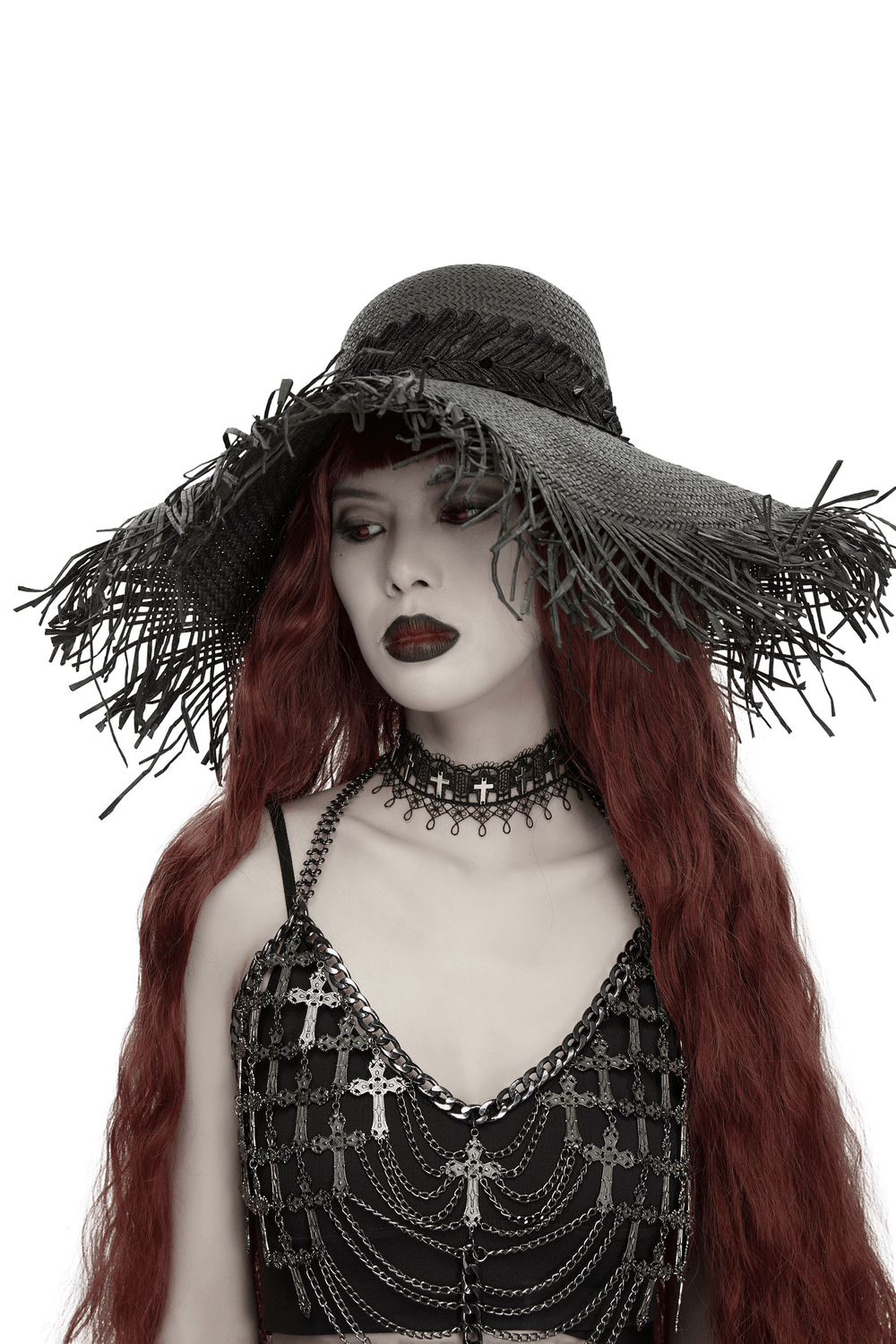 Women's Gothic Wide Brim Straw Hat with Frayed Fringe