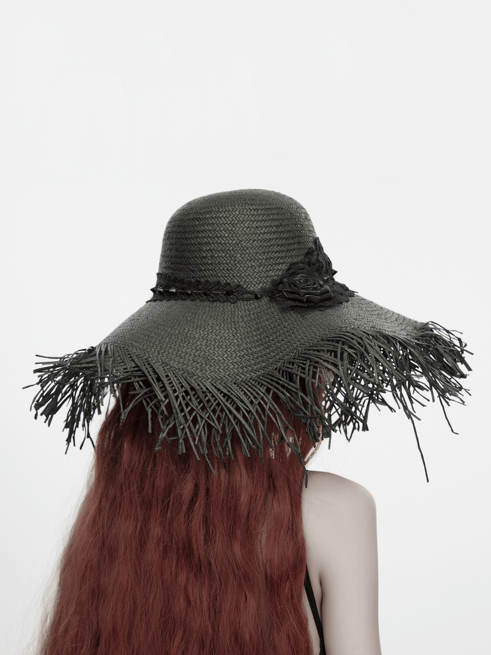 Women's Gothic Wide Brim Straw Hat with Frayed Fringe