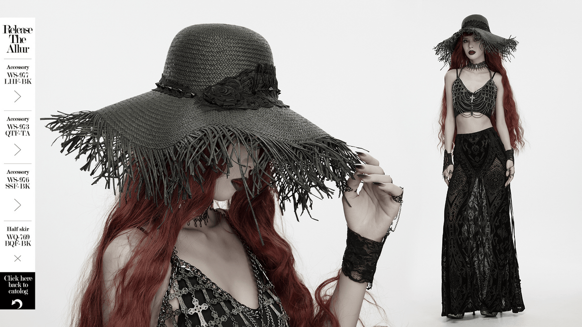 Women's Gothic Wide Brim Straw Hat with Frayed Fringe
