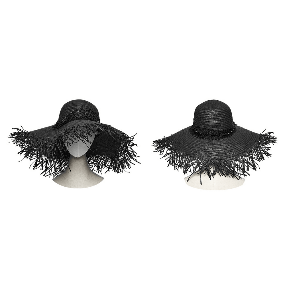 Women's Gothic Wide Brim Straw Hat with Frayed Fringe