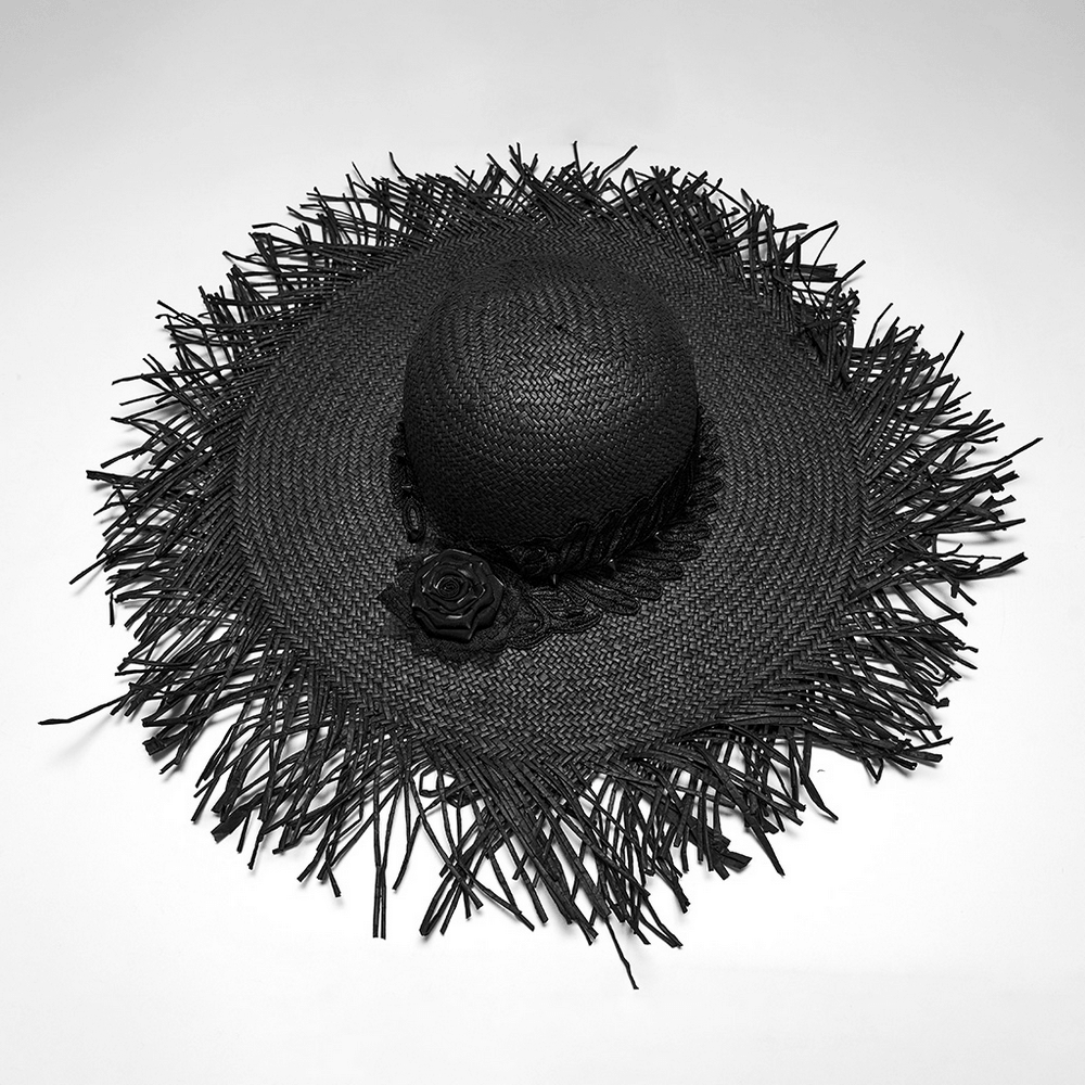 Women's Gothic Wide Brim Straw Hat with Frayed Fringe