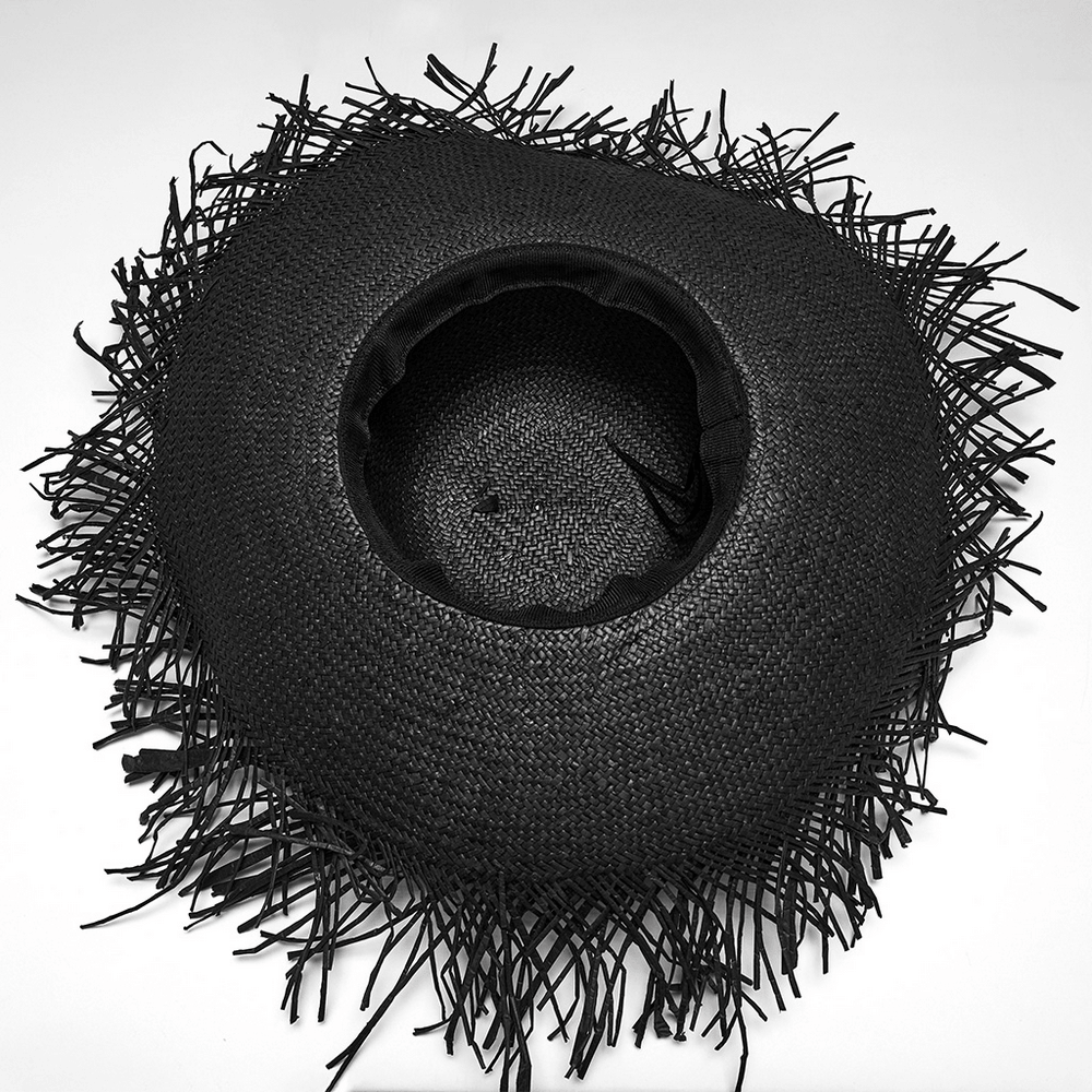 Women's Gothic Wide Brim Straw Hat with Frayed Fringe