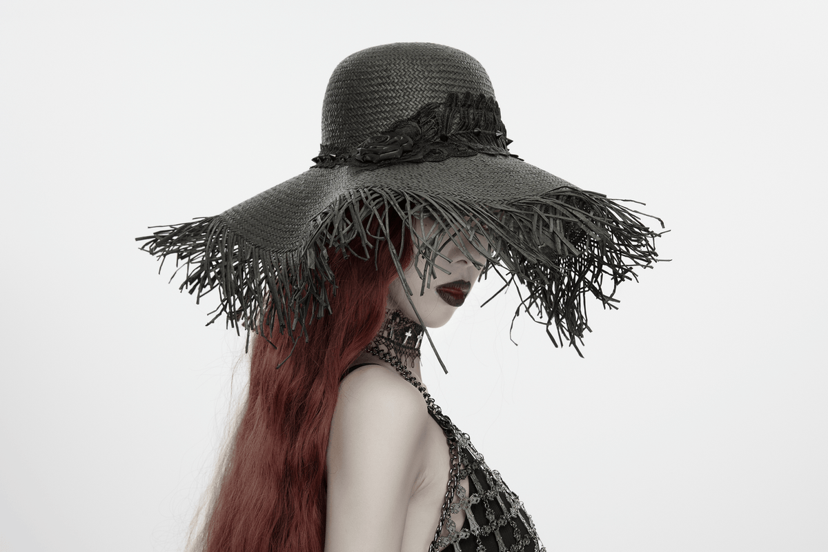 Women's Gothic Wide Brim Straw Hat with Frayed Fringe