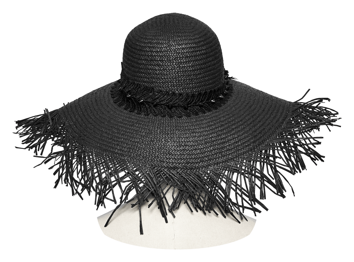 Women's Gothic Wide Brim Straw Hat with Frayed Fringe