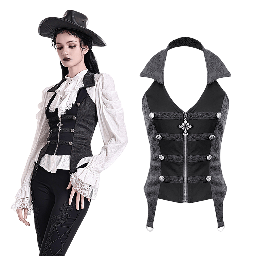 Women's Halter Waistcoat with Zip and Metal Buttons