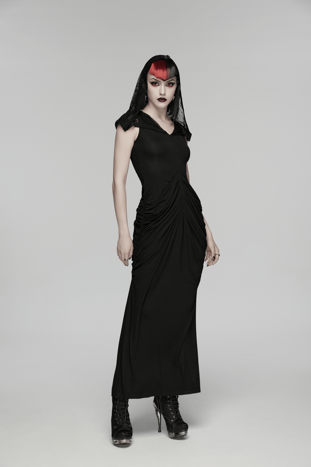 Women's Hooded Gothic Ruched Lace Evening Dress