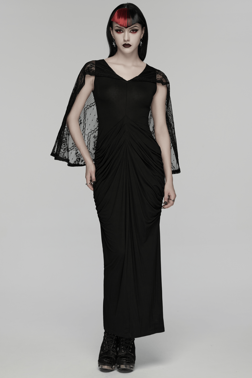 Women's Hooded Gothic Ruched Lace Evening Dress