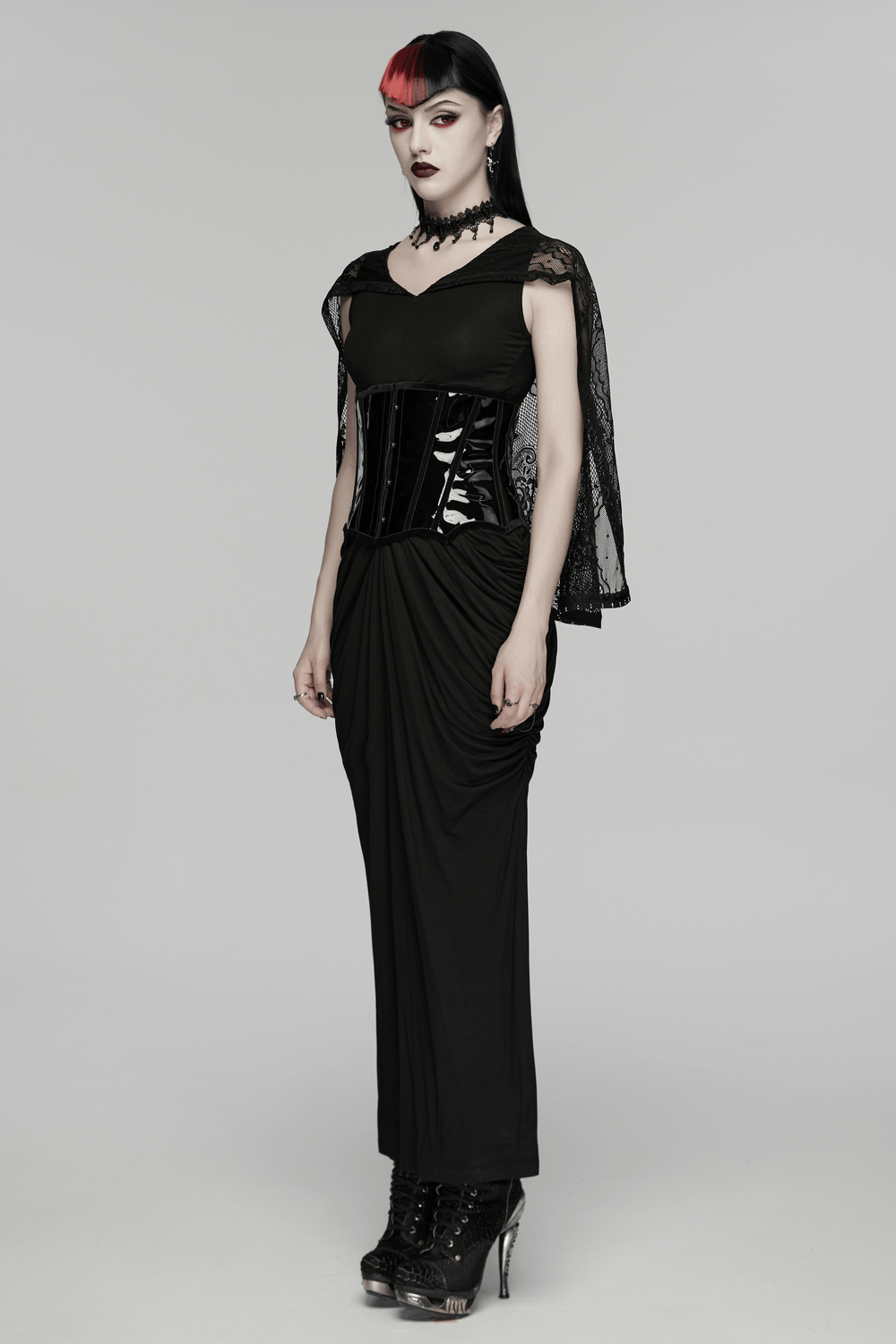 Women's Hooded Gothic Ruched Lace Evening Dress