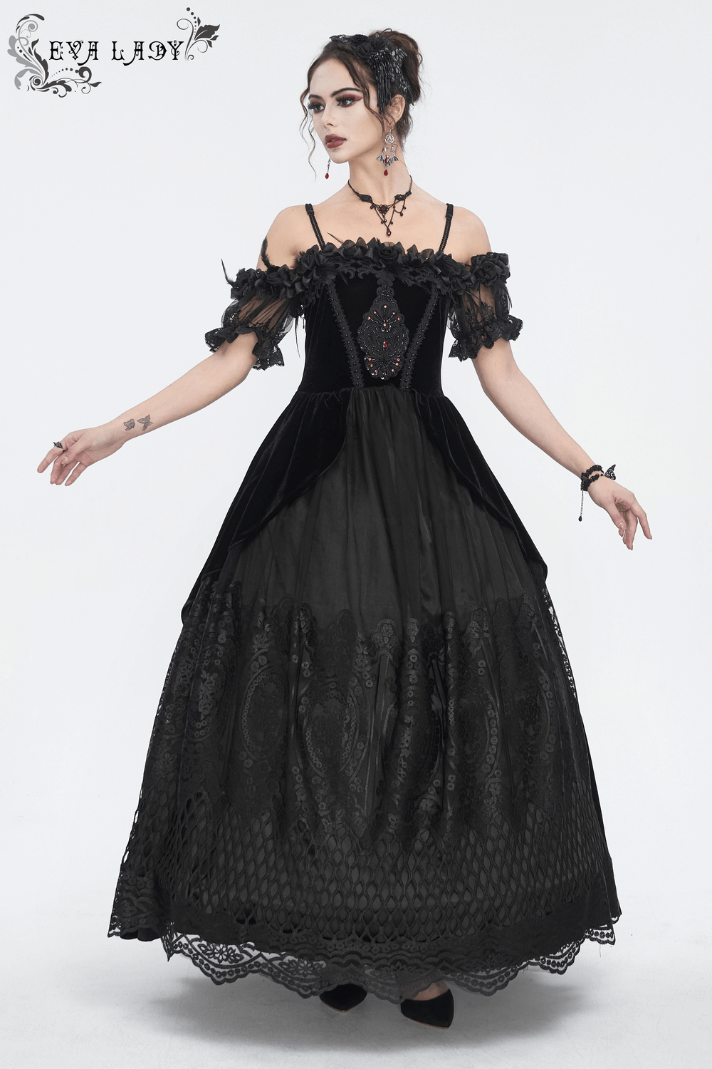 Women's Lace Gorgeous Dress with Feather Short Sleeves