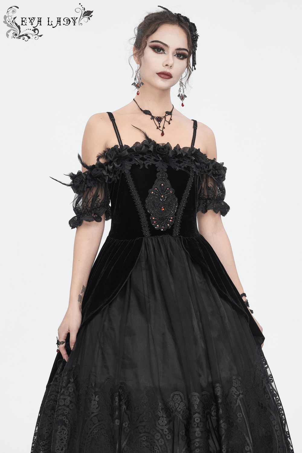 Women's Lace Gorgeous Dress with Feather Short Sleeves