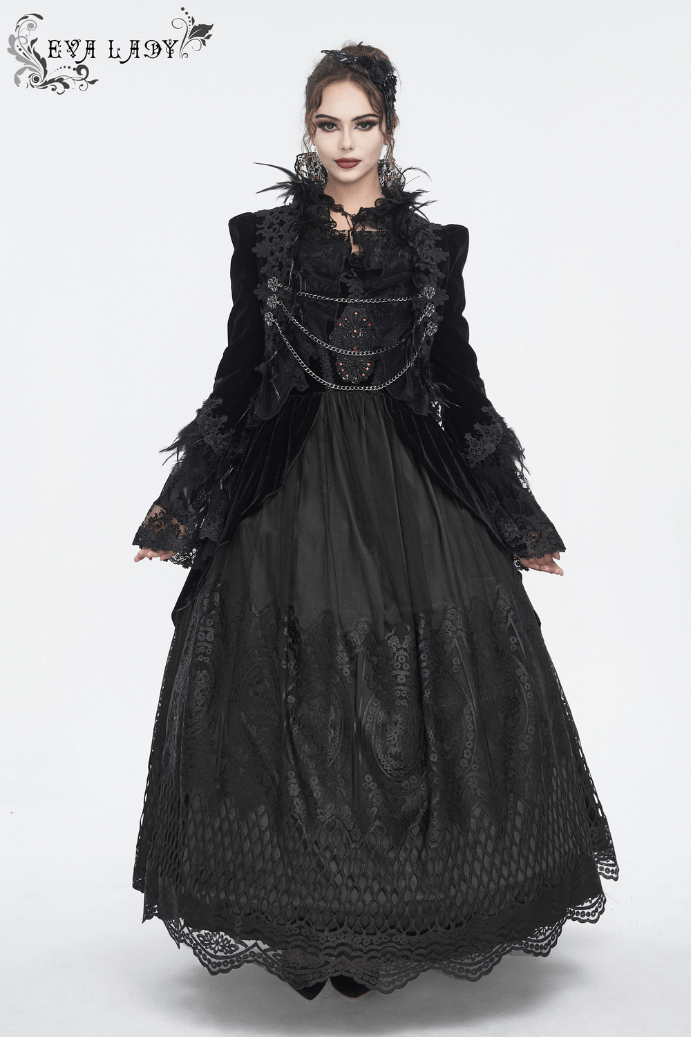 Women's Lace Gorgeous Dress with Feather Short Sleeves