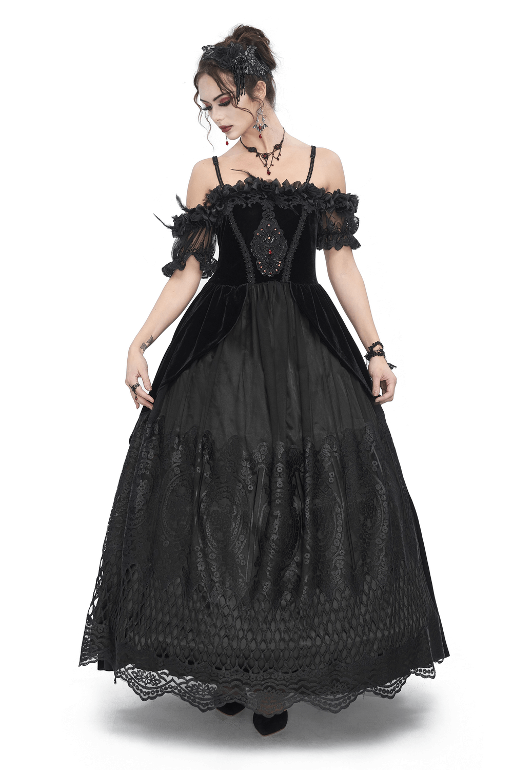 Women's Lace Gorgeous Dress with Feather Short Sleeves