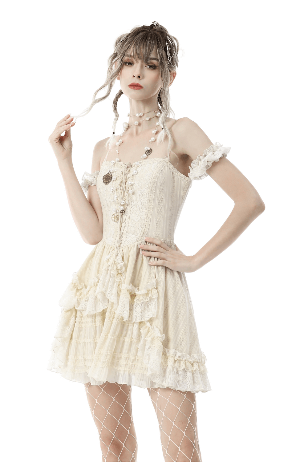 Women's Lace Mini Dress: Ruffled Layers And Floral Detail