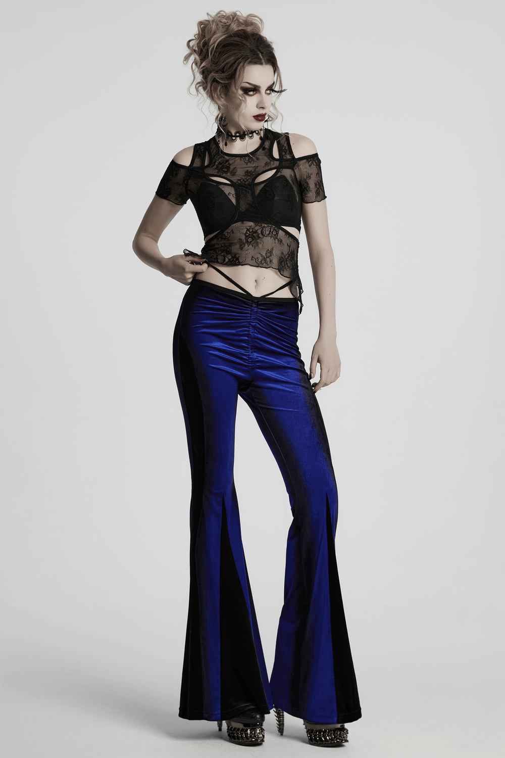 Women's Navy Velvet Flare Pants with Black Inserts