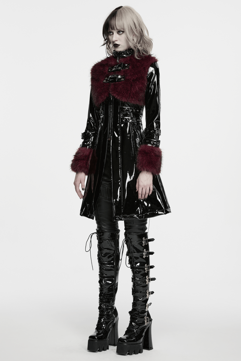 Women's Patent Leather Coat with Burgundy Faux Fur