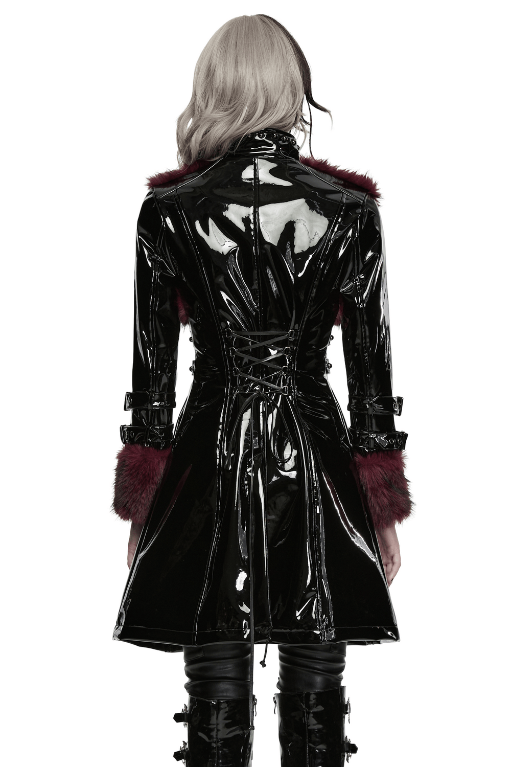 Women's Patent Leather Coat with Burgundy Faux Fur