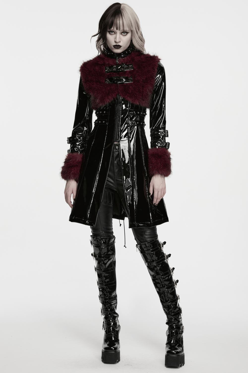 Women's Patent Leather Coat with Burgundy Faux Fur