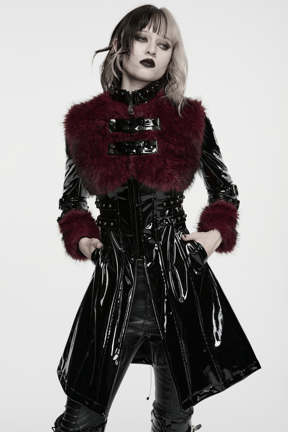Women's Patent Leather Coat with Burgundy Faux Fur