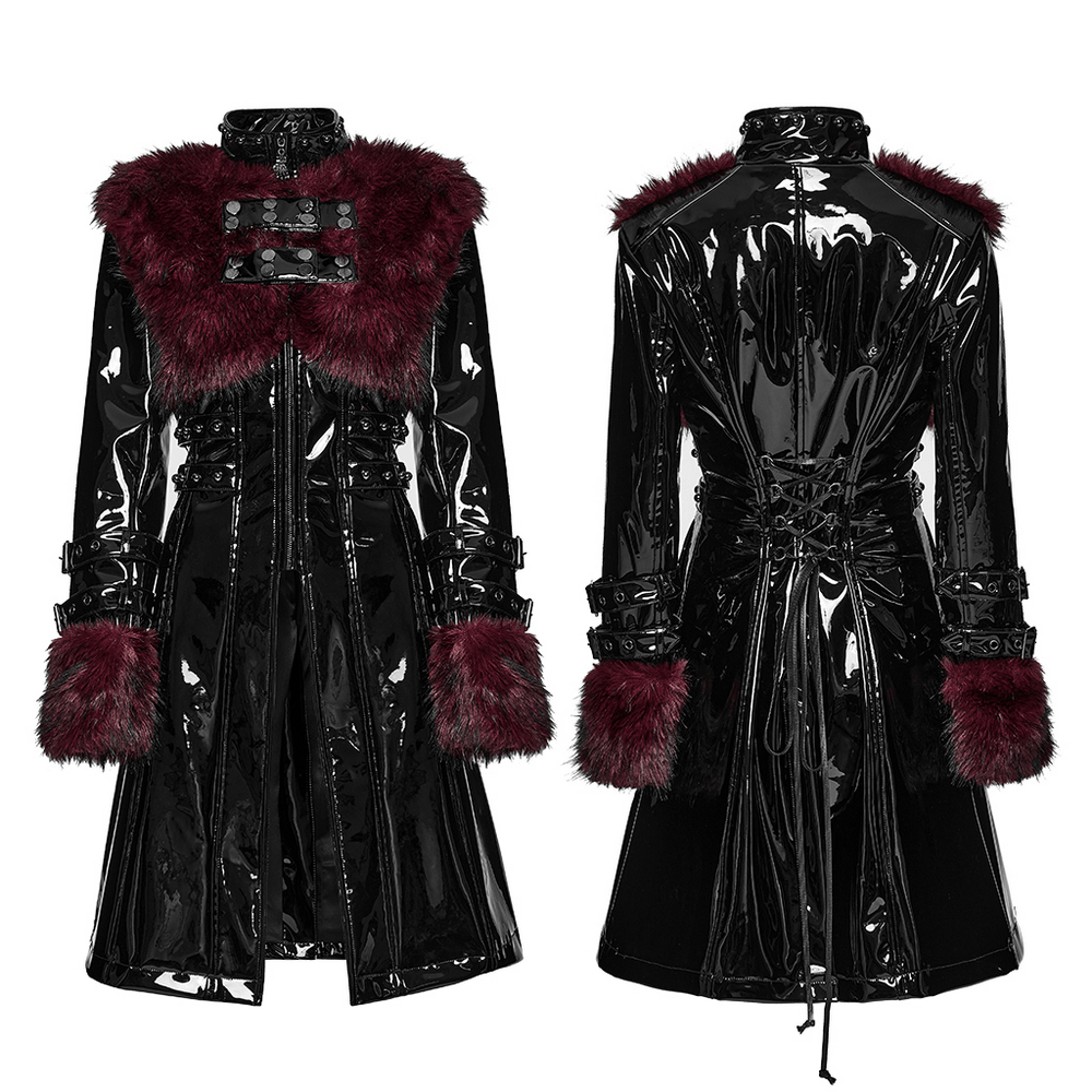 Women's Patent Leather Coat with Burgundy Faux Fur