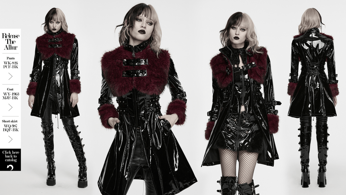 Women's Patent Leather Coat with Burgundy Faux Fur