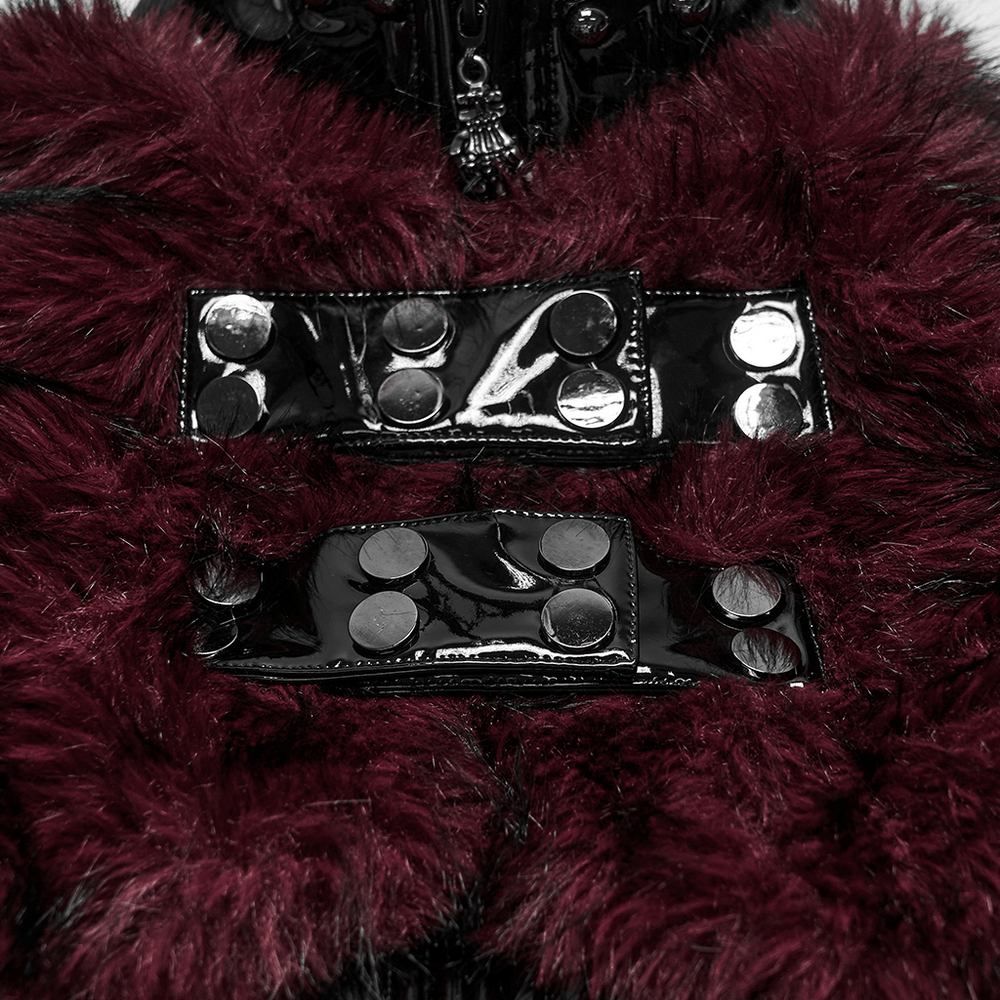 Women's Patent Leather Coat with Burgundy Faux Fur