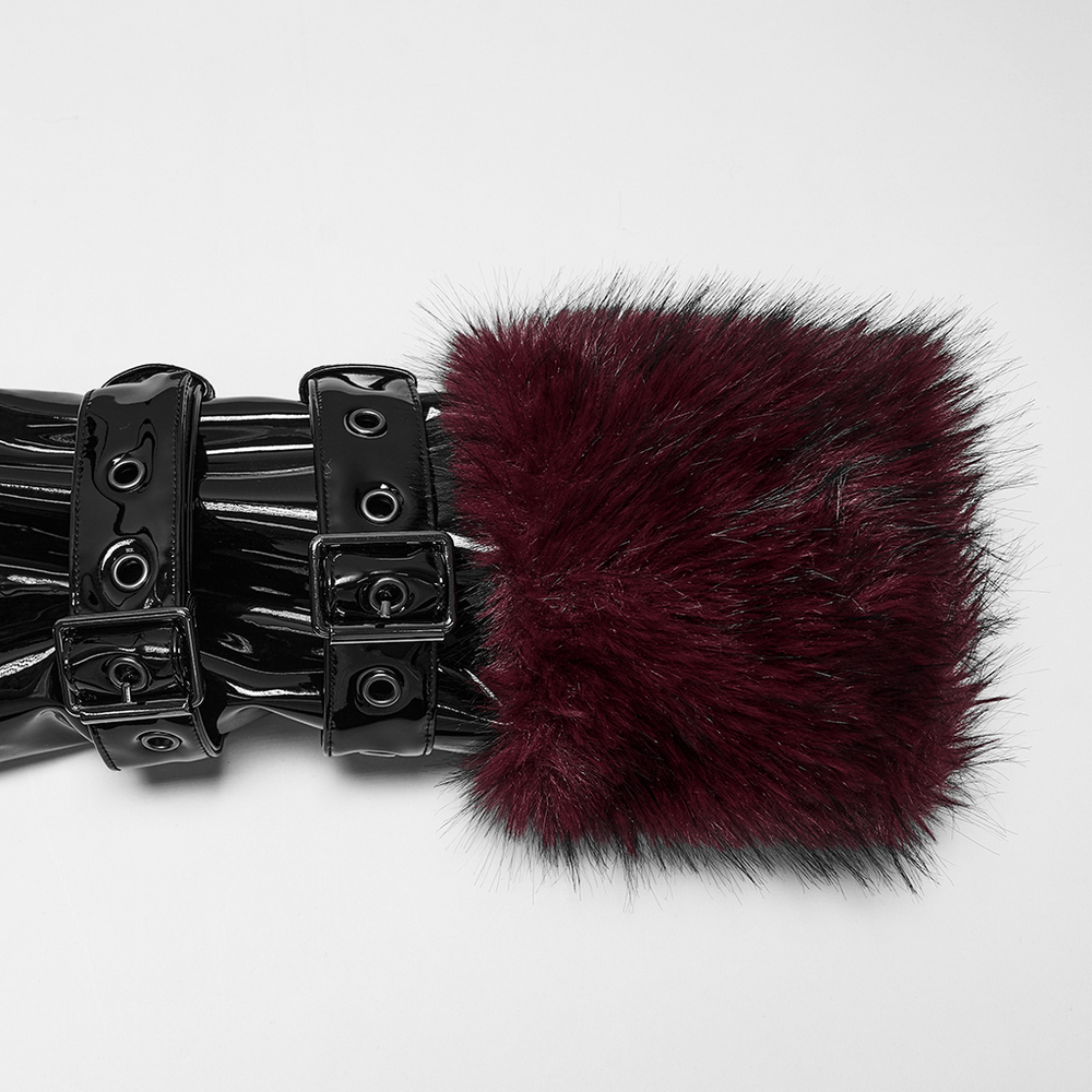 Women's Patent Leather Coat with Burgundy Faux Fur