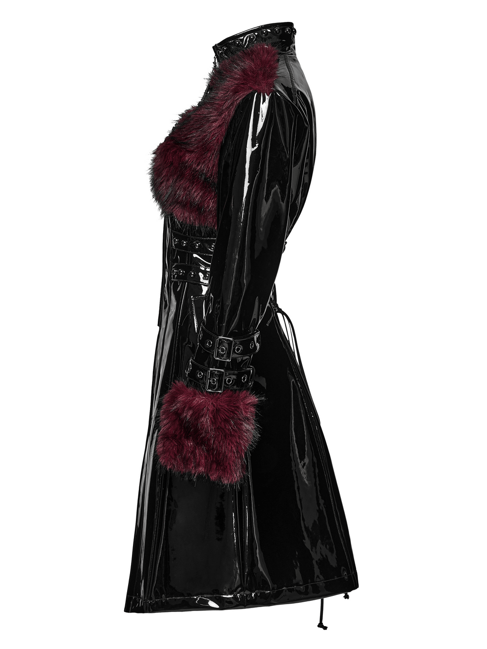 Women's Patent Leather Coat with Burgundy Faux Fur