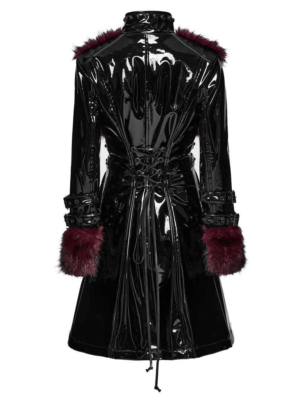 Women's Patent Leather Coat with Burgundy Faux Fur