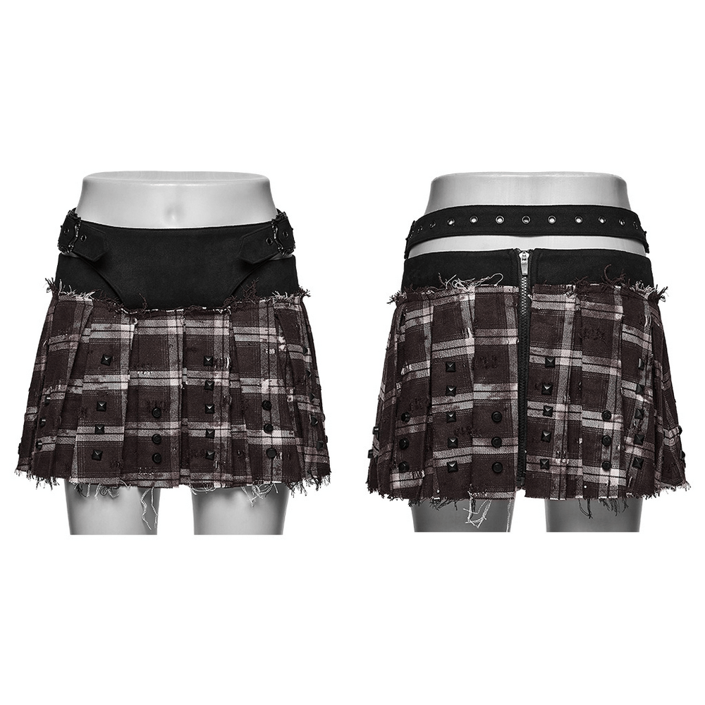 Women's Punk Plaid Mini Skirt with Studded Belt
