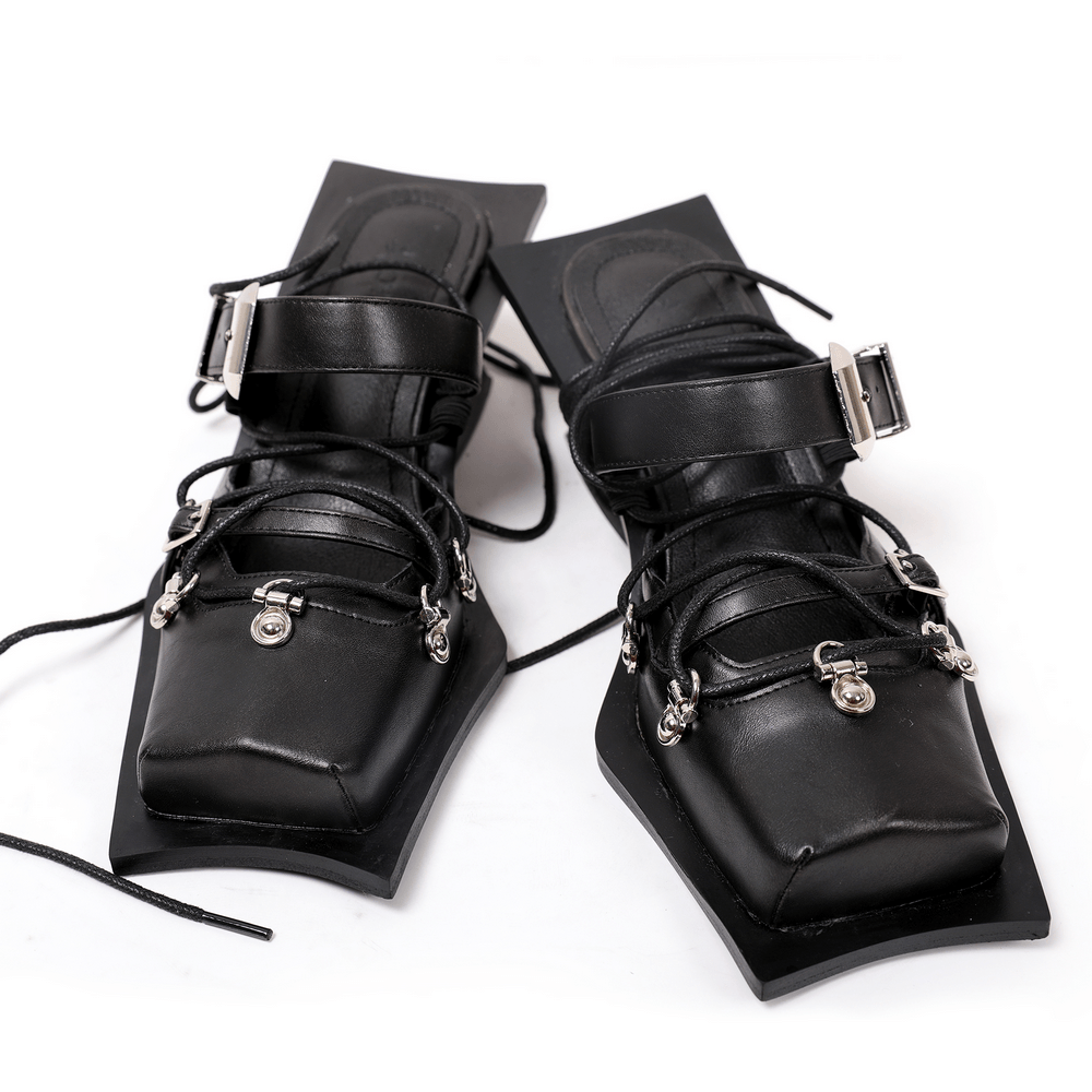 Women's Punk Square Toe Lace-Up Heels with Buckle Straps