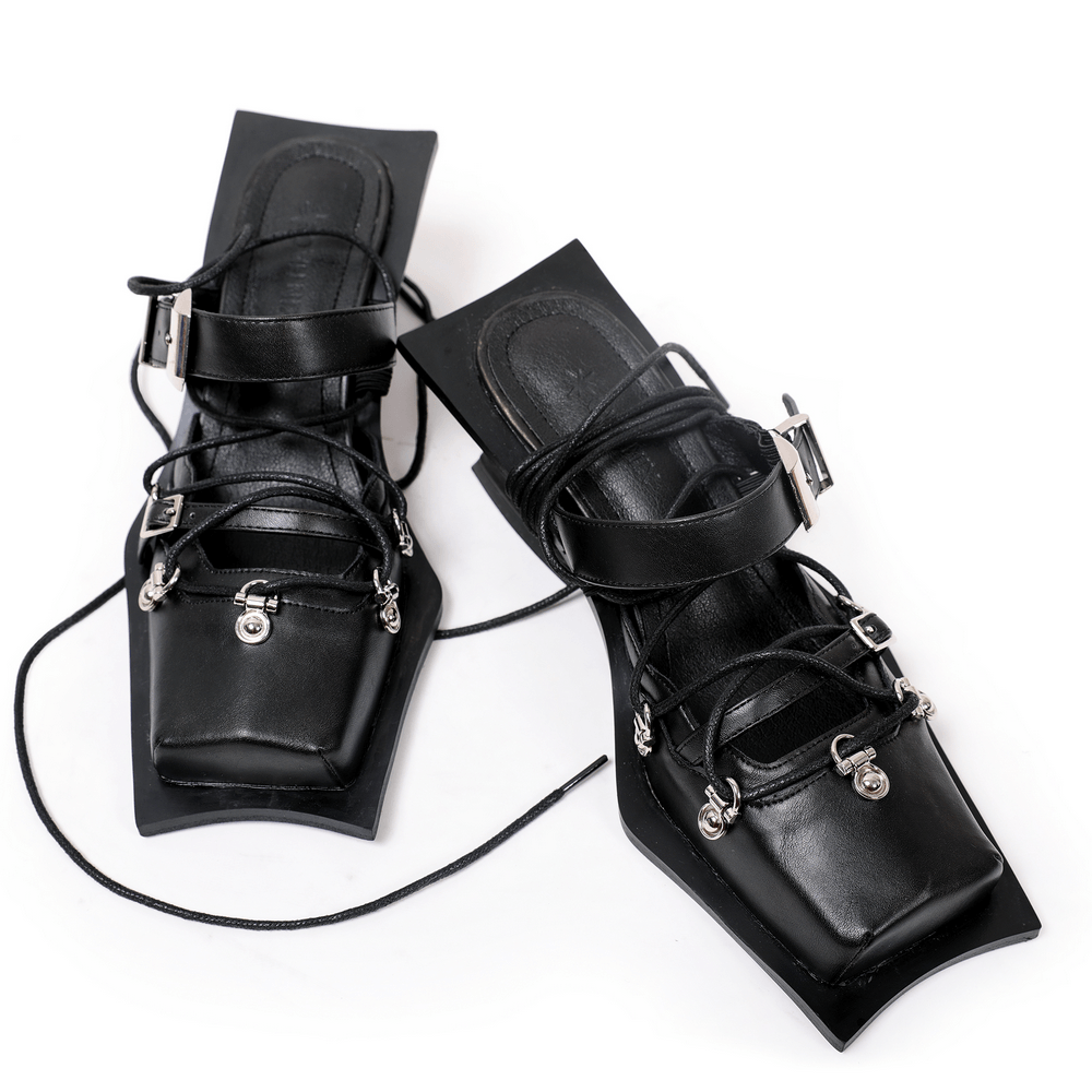 Women's Punk Square Toe Lace-Up Heels with Buckle Straps
