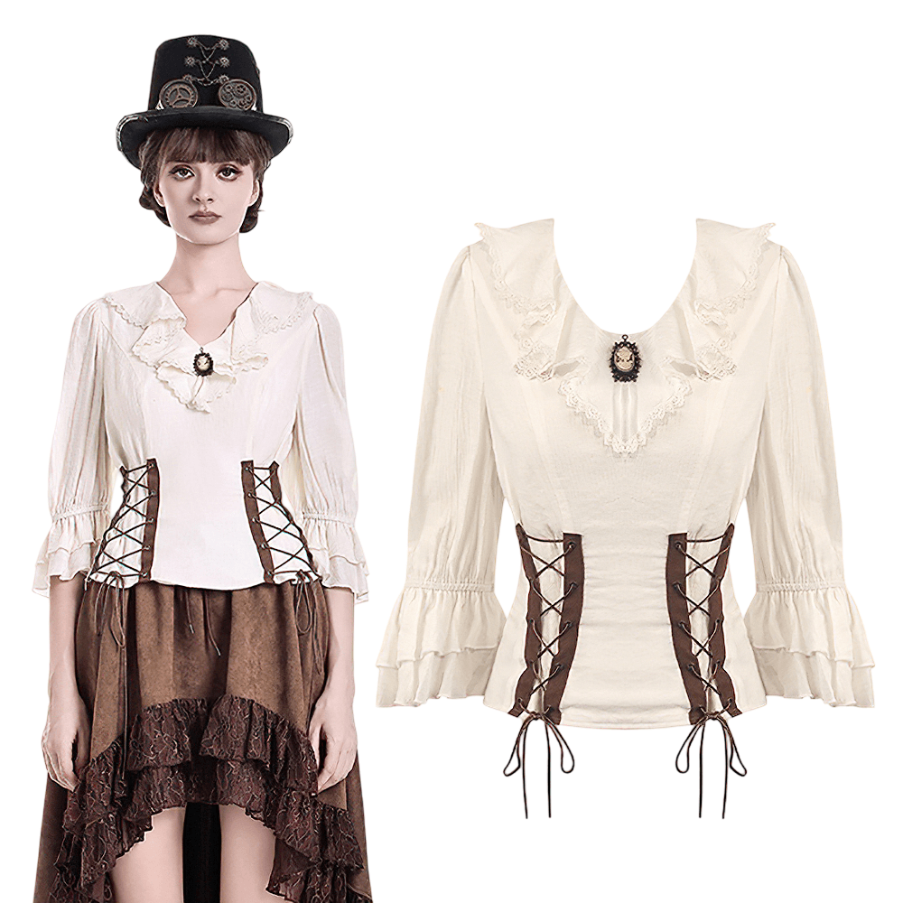 Women's Ruffle Neck Blouse with Side Lacing and Bell Cuffs
