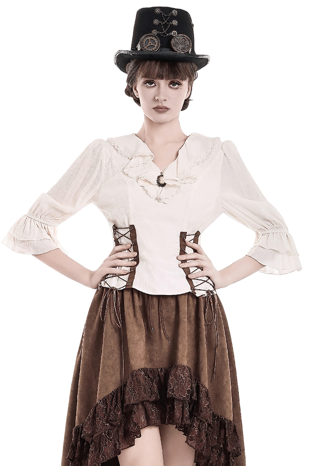 Women's Ruffle Neck Blouse with Side Lacing and Bell Cuffs