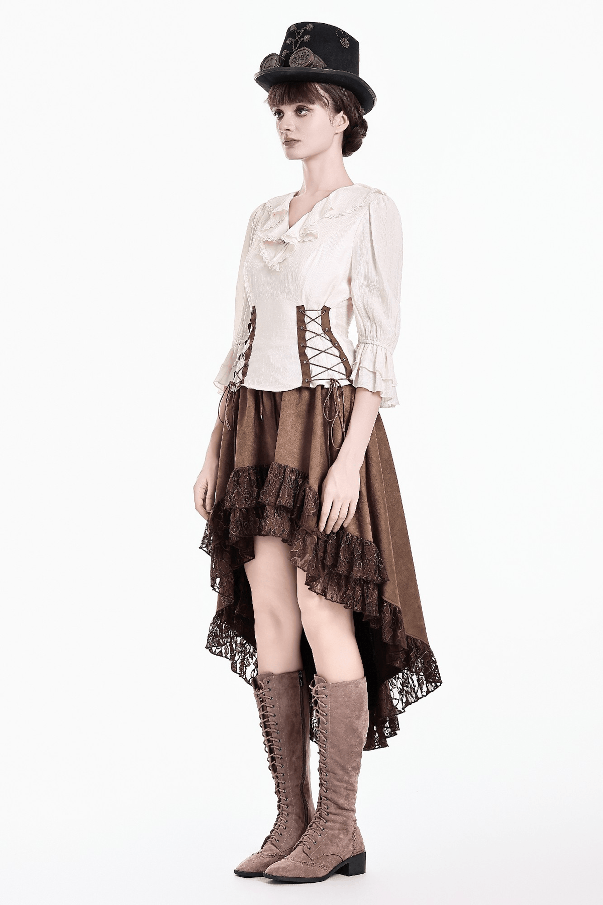 Women's Ruffle Neck Blouse with Side Lacing and Bell Cuffs