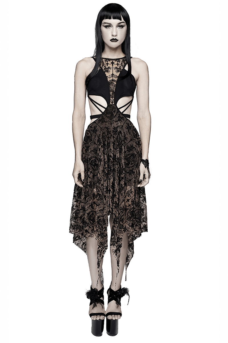 Women's Sexy Sleeveless Vintage Pattern Irregular Dress / Gothic Dress With Metal Hearts on Straps