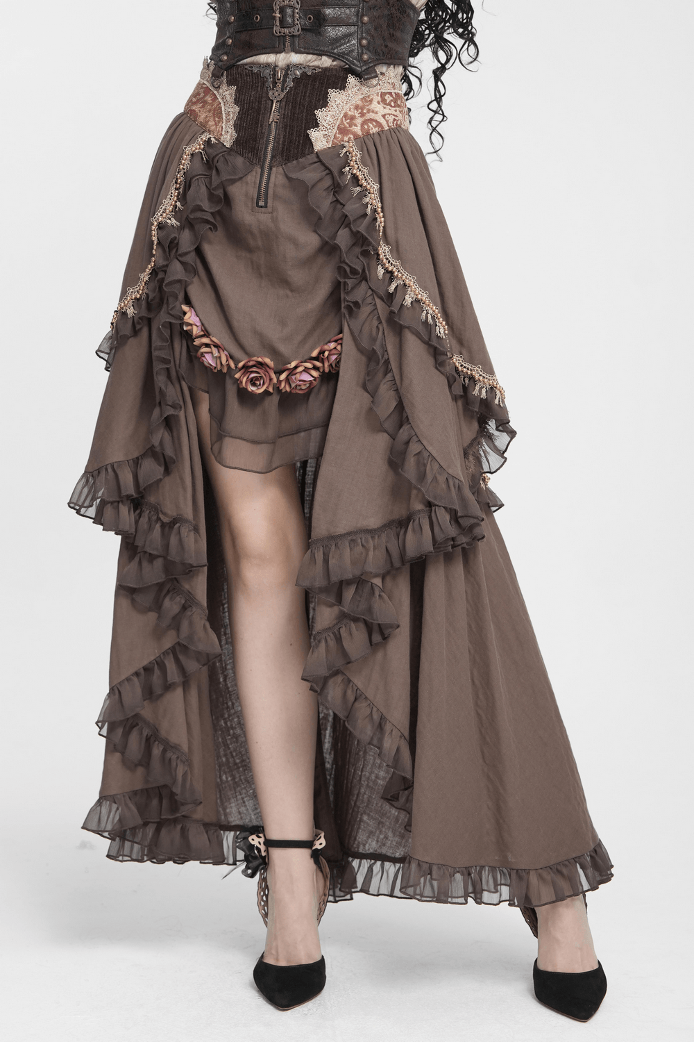 Women's Steampunk High-Low Skirt with Ruffled Trim