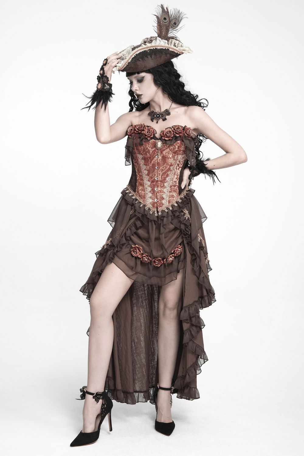 Women's Steampunk High-Low Skirt with Ruffled Trim
