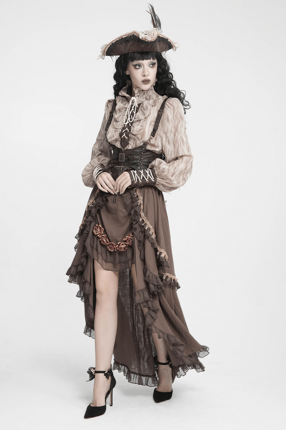 Women's Steampunk High-Low Skirt with Ruffled Trim
