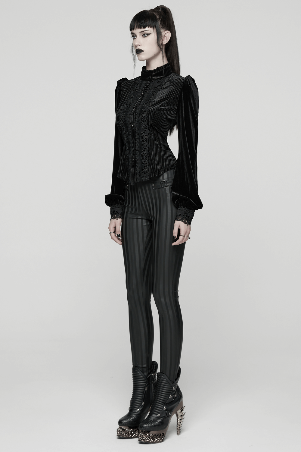 Women's Striped Leggings with Buckle Straps and Pockets