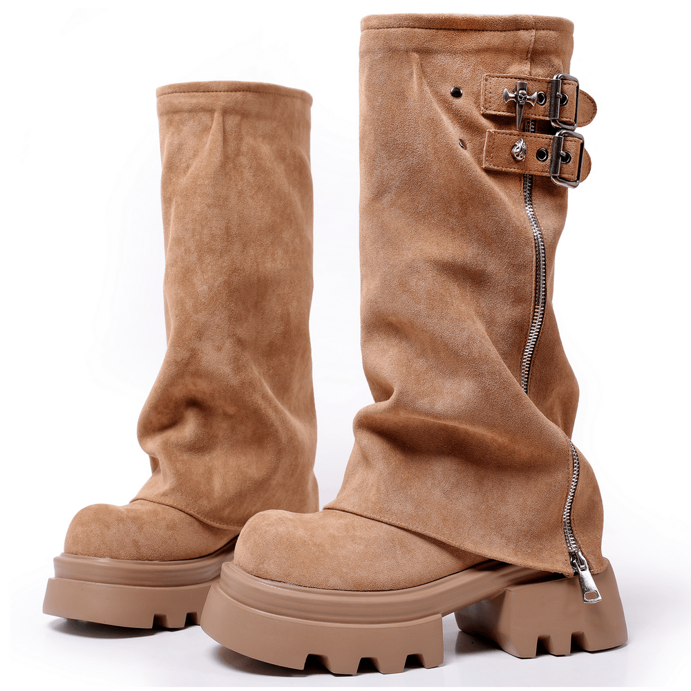 Women's Tan Buckle Zip Chunky Sole Platform Boots
