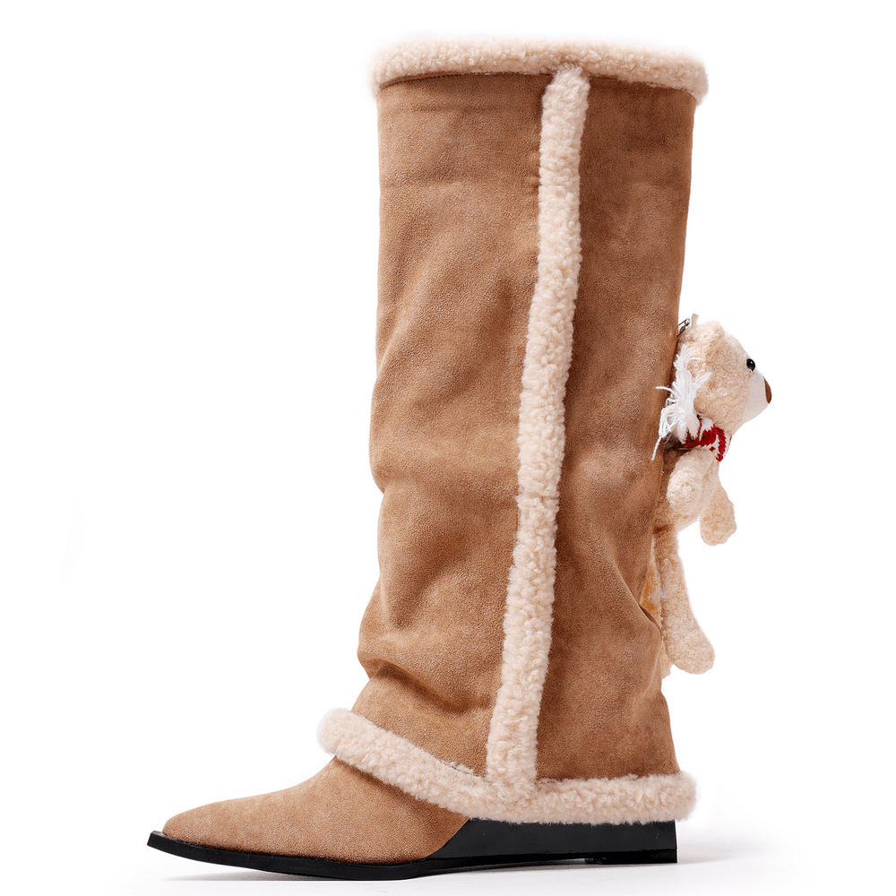 Women's Teddy Bear Knee High Wedge Boots With Sherpa Trim