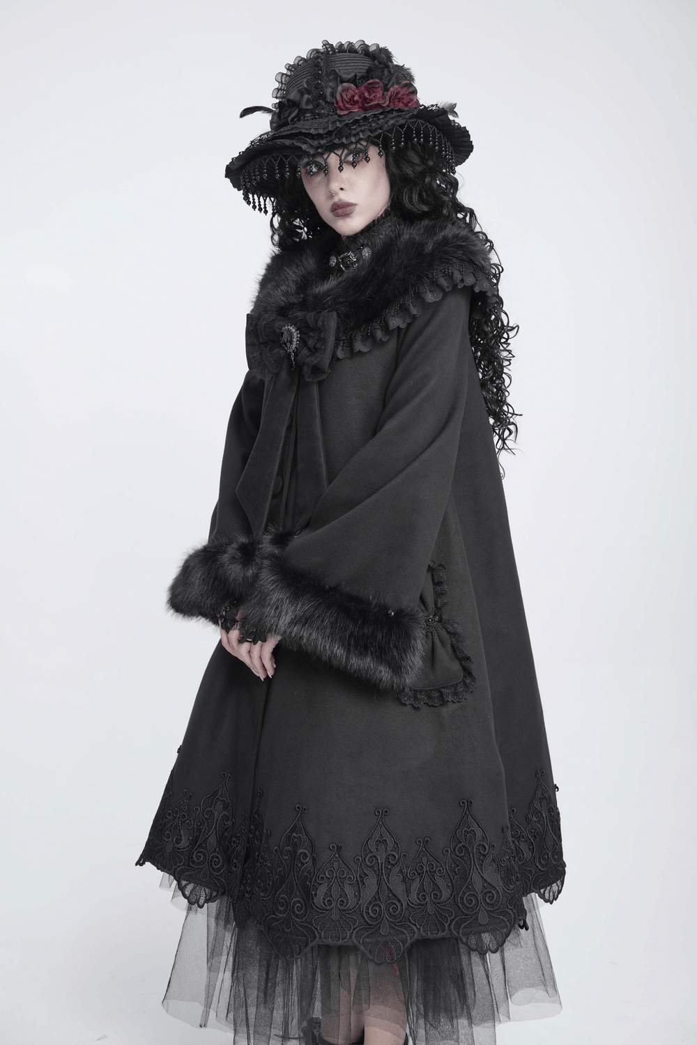 Women's Victorian Gothic Faux Fur Trim Long Coat