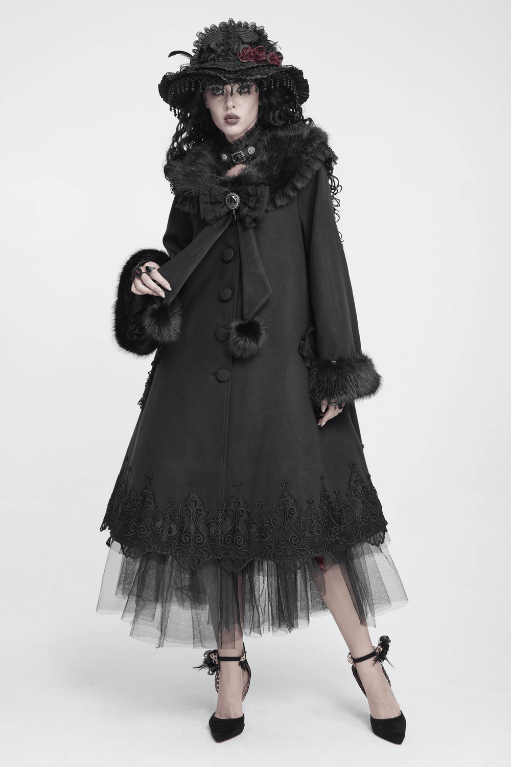 Women's Victorian Gothic Faux Fur Trim Long Coat